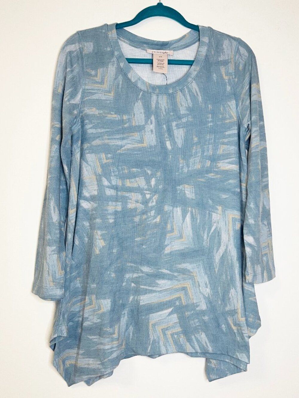 Philosophy Blue Abstract Print Tunic Top Large Asymmetrical Hem Lagenlook